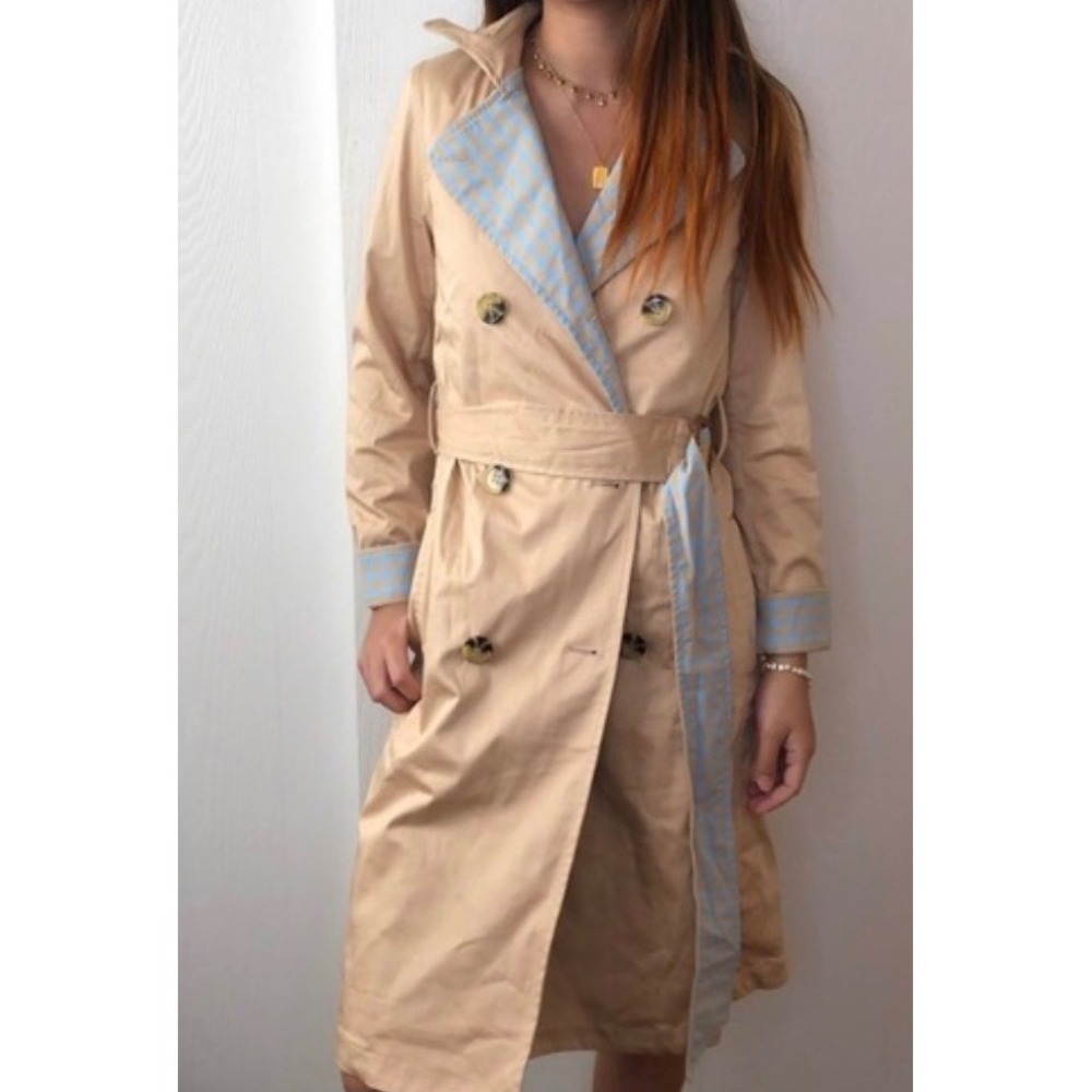 Anthropologie Trench Coat Womens S Tan Gingham Trim Double Breasted Classic Chic
